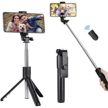 Prémium selfie bot, 19 - 70 cm, 360°-ban forgatható, exponáló gombbal, bluetooth-os, v4.0, tripod állvány funkció, R1, fekete kép