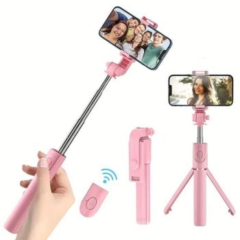Prémium selfie bot, 19 - 70 cm, 360°-ban forgatható, exponáló gombbal, bluetooth-os, v4.0, tripod állvány funkció, R1, rózsaszín kép