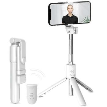 Prémium selfie bot, 19 - 70 cm, 360°-ban forgatható, exponáló gombbal, bluetooth-os, v4.0, tripod állvány funkció, világítással, R1S, fehér kép
