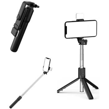 Prémium selfie bot, 19 - 70 cm, 360°-ban forgatható, exponáló gombbal, bluetooth-os, v4.0, tripod állvány funkció, világítással, R1S, fekete kép