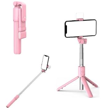 Prémium selfie bot, 19 - 70 cm, 360°-ban forgatható, exponáló gombbal, bluetooth-os, v4.0, tripod állvány funkció, világítással, R1S, rózsaszín kép