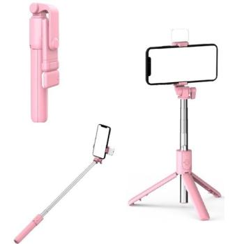 Prémium selfie bot, 19 - 70 cm, forgatható, exponáló gombbal, bluetooth-os, v4.0, tripod, világítással, R1S, rózsaszín kép