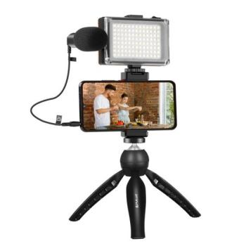 Puluz állványrögzítő + LED lámpa + mikrofon + telefon bilincs készlet videózáshoz, fekete kép