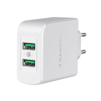 Rampow RBA16 hálózati gyorstöltő adapter 2xUSB-A QC, 39W, fehér kép