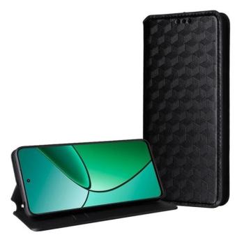 Realme 14 Pro, Oldalra nyíló tok, bőrhatású, stand, Teljes 3D rombusz minta, prémium, fekete kép