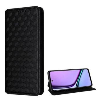Realme C67 4G, Oldalra nyíló tok, bőrhatású, stand, Teljes 3D rombusz minta, prémium, fekete kép