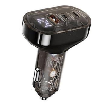 REMAX CYBO autós töltő 2 USB+Type-C aljzat (72W, PD gyorstöltő, LED kijelző, átlátszó) FEKETE kép