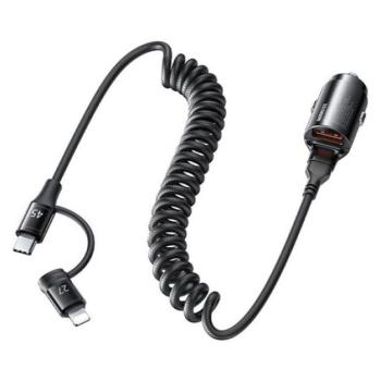 REMAX RUICHY autós töltő USB aljzat (45W, PD gyorstöltő + fix spirál Type-C - lightning kábel) FEKETE kép