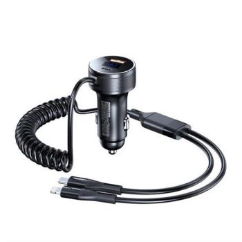 REMAX SAGA autós töltő USB+Type-C aljzat (52W, PD gyorstöltő, LED kijelző + fix Type-C - lightning spriál kábel) FEKETE kép