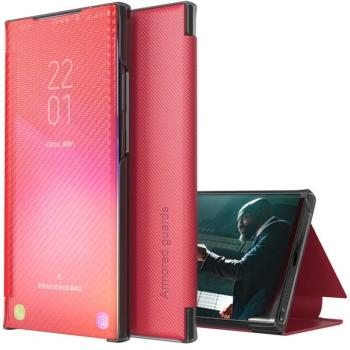 Samsung Galaxy A02 SM-A022F, Oldalra nyíló tok, stand, hívás mutatóval, kevlár minta, Wooze Smart View Cover Carbon, piros kép