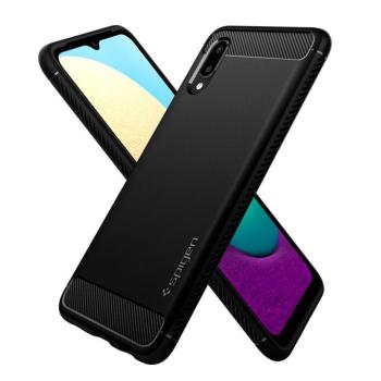 Samsung Galaxy A02 SM-A022F, Szilikon tok, Spigen Rugged Armor, karbon minta, fekete kép