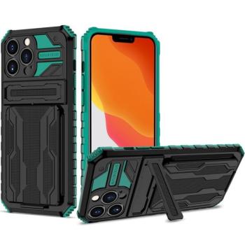 Samsung Galaxy A03 SM-A035F, Műanyag hátlap védőtok szilikon belső, közepesen ütésálló, kitámasztóval, kártyatartóval, Wooze Transformer, fekete/zöld kép