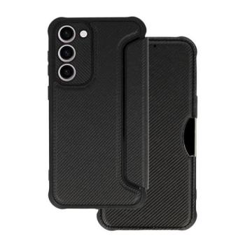 Samsung Galaxy A14 4G / A14 5G SM-A145F / A146B, Oldalra nyíló tok, légpárnás sarok, bőrhatású, karbon minta, Razor Book, fekete kép