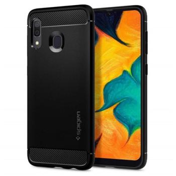 Samsung Galaxy A20 / A30 SM-A205F / A305F, Szilikon tok, Spigen Rugged Armor, karbon minta, fekete kép