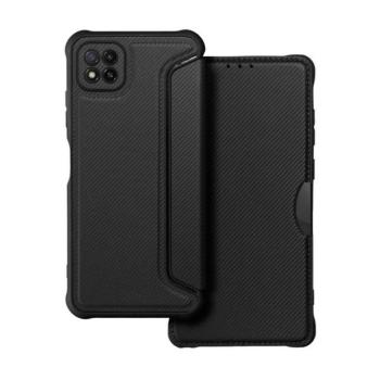 Samsung Galaxy A22 5G SM-A226B, Oldalra nyíló tok, légpárnás sarok, bőrhatású, karbon minta, Razor Book, fekete kép