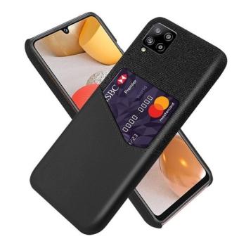 Samsung Galaxy A42 5G / M42 5G SM-A426B / M426B, Műanyag hátlap védőtok, közepesen ütésálló, textil bevonat, bőrhatású hátlap, kártyatartóval, fekete kép