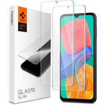 Samsung Galaxy M13 4G SM-M135F, Kijelzővédő fólia, (az íves részre NEM hajlik rá!), Tempered Glass (edzett üveg), Spigen Glastr Slim, Clear, 2 db / csomag kép