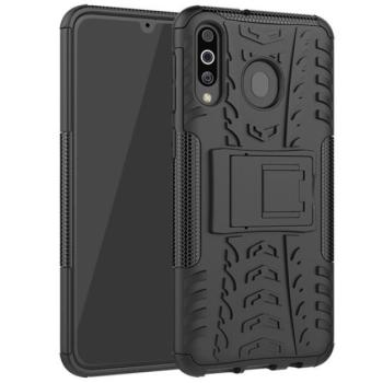 Samsung Galaxy M30 SM-M305F, Műanyag hátlap védőtok, Defender, kitámasztóval és szilikon belsővel, autógumi minta, fekete kép