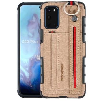 Samsung Galaxy S20 / S20 5G SM-G980 / G981, Szilikon tok, közepesen ütésálló, stand, textil hátlap, felakasztható, kézpánttal, világosbarna kép