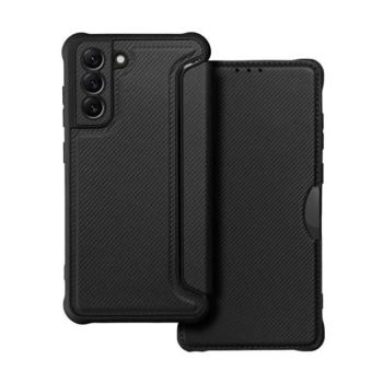 Samsung Galaxy S21 FE 5G SM-G990, Oldalra nyíló tok, légpárnás sarok, bőrhatású, karbon minta, Razor Book, fekete kép
