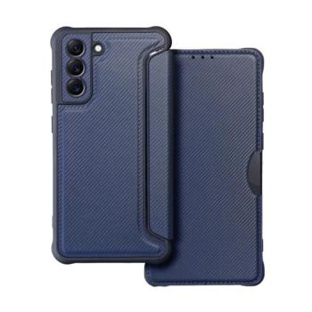 Samsung Galaxy S21 FE 5G SM-G990, Oldalra nyíló tok, légpárnás sarok, bőrhatású, karbon minta, Razor Book, kék kép