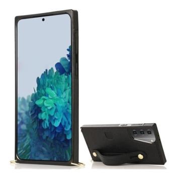 Samsung Galaxy S21 Plus 5G SM-G996, Szilikon tok, közepesen ütésálló, stand, bőrhatású hátlap, vállpánttal, kézpánttal, fekete kép