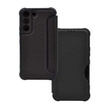 Samsung Galaxy S22 5G SM-S901, Oldalra nyíló tok, légpárnás sarok, bőrhatású, karbon minta, Razor Book, fekete kép