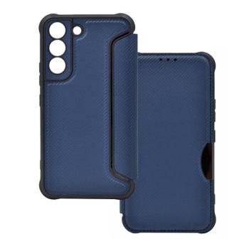 Samsung Galaxy S22 5G SM-S901, Oldalra nyíló tok, légpárnás sarok, bőrhatású, karbon minta, Razor Book, kék kép