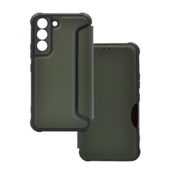 Samsung Galaxy S22 5G SM-S901, Oldalra nyíló tok, légpárnás sarok, bőrhatású, karbon minta, Razor Book, zöld kép