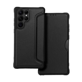 Samsung Galaxy S22 Ultra 5G SM-S908, Oldalra nyíló tok, légpárnás sarok, bőrhatású, karbon minta, Razor Book, fekete kép