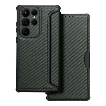 Samsung Galaxy S23 telefon tok, könyvtok, oldalra nyíló tok, mágnesesen záródó, PU / TPU tok, karbon mintás, sötétzöld, SM-S911, Razor kép