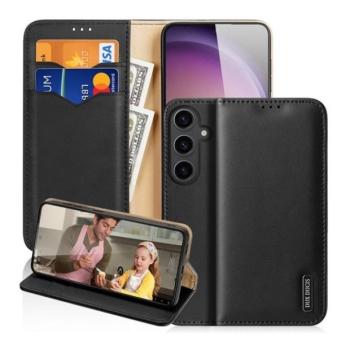 Samsung Galaxy S24 SM-S921, Oldalra nyíló tok, valódi bőrtok, stand, Dux Ducis Hivo, fekete kép