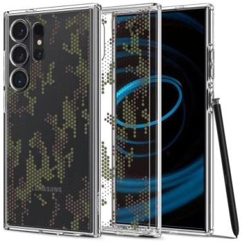 Samsung Galaxy S24 Ultra SM-S928, Műanyag hátlap védőtok + szilikon keret, hatszög minta, Spigen Ultra Hybrid Digital Camo, átlátszó/zöld kép