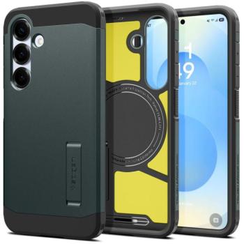 Samsung Galaxy S25 Plus SM-S936, Szilikon tok + műanyag hátlap, Magsafe töltővel kompatibilis, kitámasztóval, Spigen Tough Armor Mag, sötétzöld kép