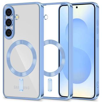 Samsung Galaxy S25 SM-S931, Műanyag hátlap védőtok + szilikon keret, közepesen ütésálló, Magsafe töltővel kompatibilis, fényes keret, Magflex Magsafe, átlátszó/kék kép