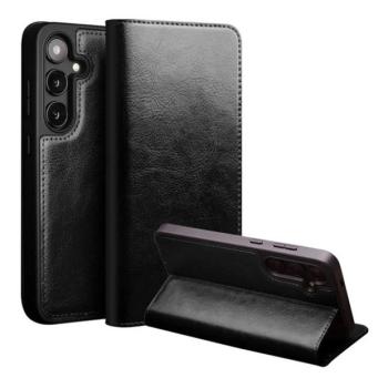 Samsung Galaxy S25 SM-S931, Oldalra nyíló tok, valódi bőrtok, Qialino, fekete kép