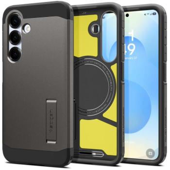 Samsung Galaxy S25 SM-S931, Szilikon tok + műanyag hátlap, Magsafe töltővel kompatibilis, kitámasztóval, Spigen Tough Armor Mag, sötétszürke kép