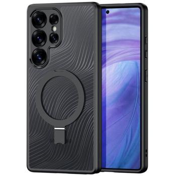 Samsung Galaxy S25 Ultra SM-S938, Műanyag hátlap védőtok + szilikon keret, kitámasztóval, ujjtámasz, Magsafe töltővel kompatibilis, hullám minta, Dux Ducis Aimo Mag Folding, áttetsző/fekete kép
