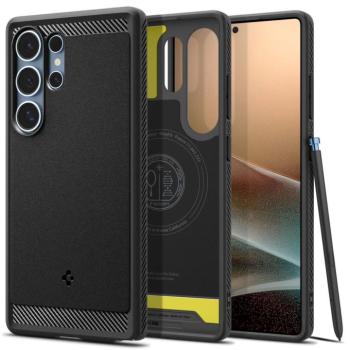 Samsung Galaxy S25 Ultra SM-S938, Szilikon tok + műanyag hátlap, közepesen ütésálló, Magsafe töltővel kompatibilis, karbon minta, Spigen Rugged Armor Mag, fekete kép