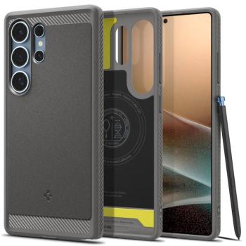 Samsung Galaxy S25 Ultra SM-S938, Szilikon tok + műanyag hátlap, közepesen ütésálló, Magsafe töltővel kompatibilis, karbon minta, Spigen Rugged Armor Mag, szürke kép