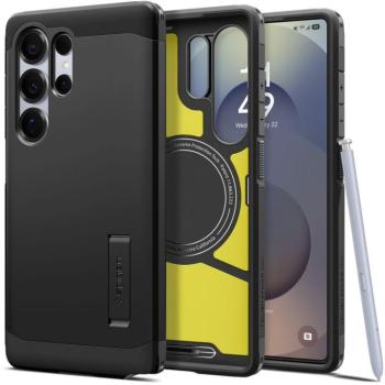 Samsung Galaxy S25 Ultra SM-S938, Szilikon tok + műanyag hátlap, Magsafe töltővel kompatibilis, kitámasztóval, Spigen Tough Armor Mag, fekete kép