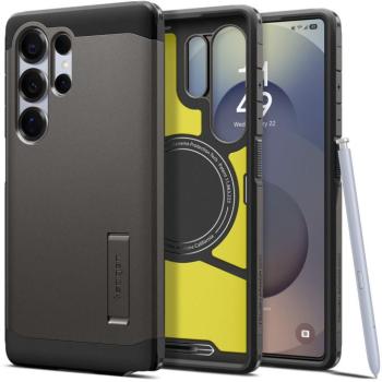Samsung Galaxy S25 Ultra SM-S938, Szilikon tok + műanyag hátlap, Magsafe töltővel kompatibilis, kitámasztóval, Spigen Tough Armor Mag, sötétszürke kép