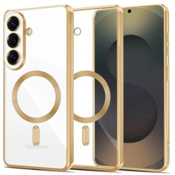 Samsung Galaxy S26 Plus SM-S947, Műanyag hátlap védőtok + szilikon keret, közepesen ütésálló, Magsafe töltővel kompatibilis, fényes keret, Magflex Magsafe, átlátszó/arany kép