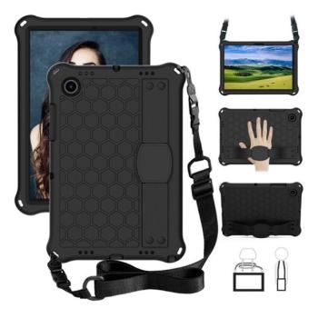 Samsung Galaxy Tab A8 10.5 (2021) SM-X200 / X205, Műanyag hátlap védőtok, szilikon belső, széthúzható kitámasztó és kézpánt, vállpánt, méhsejt minta, Defender, fekete kép