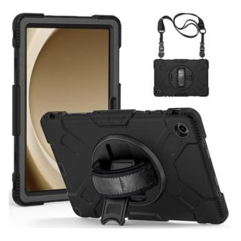 Samsung Galaxy Tab A9 Plus (11.0) SM-X210 / X215 / X216B, Műanyag hátlap védőtok, szilikon belső, kitámasztóval, kézpánt, vállpánt, Defender, fekete kép
