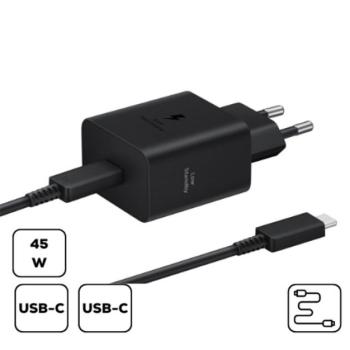 Samsung hálózati adapter USB-C + USB-C kábellel, PD, 45W, Fekete kép