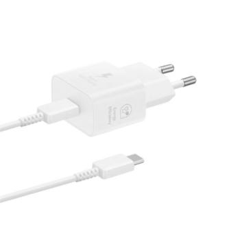 SAMSUNG hálózati töltő Type-C aljzat (5V / 3A, 25W, GaN, PD gyorstöltés támogatás + Type-C kábel) FEHÉR kép