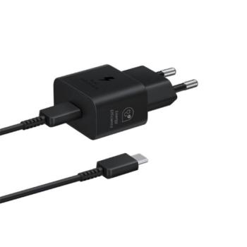 SAMSUNG hálózati töltő Type-C aljzat (5V / 3A, 25W, GaN, PD gyorstöltés támogatás + Type-C kábel) FEKETE kép