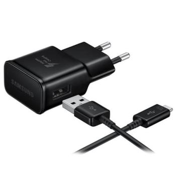 SAMSUNG hálózati töltő USB aljzat (5V / 2000 mA, gyorstöltés támogatás + microUSB kábel) FEKETE Evolveo Strongphone Q5, Blackberry DTEK50 , HTC Desire 825, Vodafone Smart turbo 7 (VFD500), HT kép