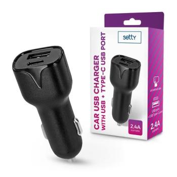 Setty szivargyújtó töltő adapter USB + Type-C bemenettel - Setty Car USB Chargerwith USB +Type-C Ports - 5V/2,4A - fekete kép